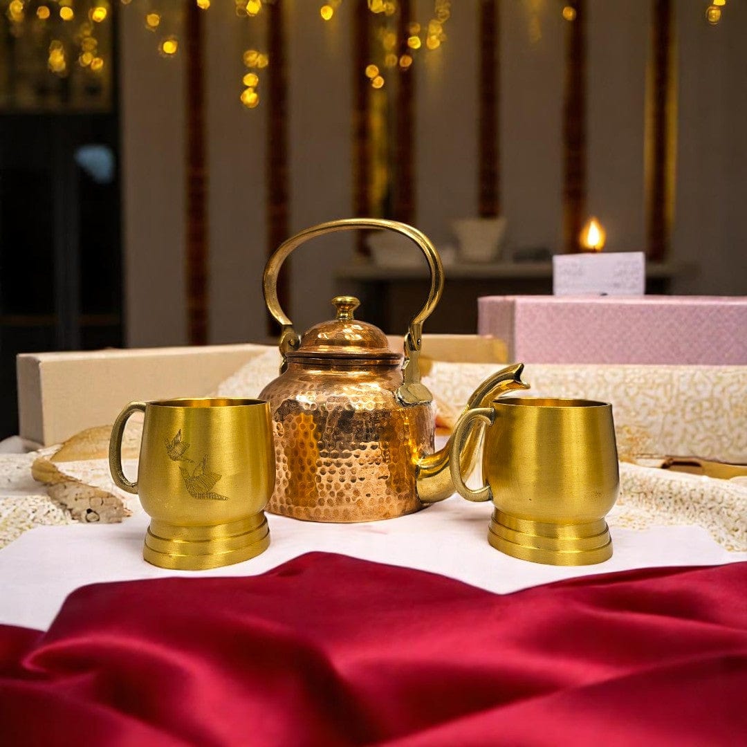 Buy copper kettle and brass cup set with gift box
